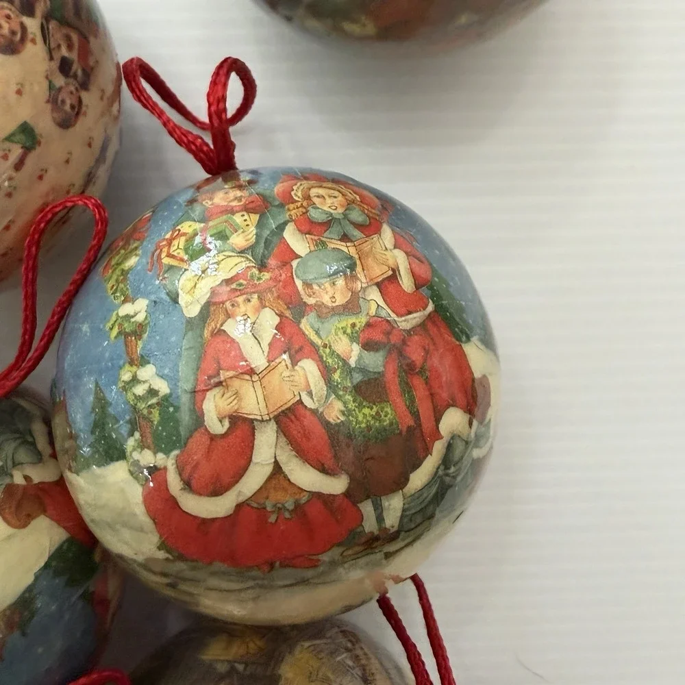 Lot If 12 Vintage Decoupage Christmas Ball Ornaments Victorian Carolers Folk Art